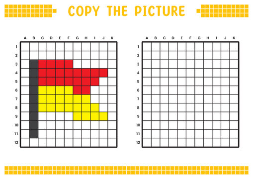 Copy the picture, complete the grid image. Educational worksheets drawing with squares, coloring areas. Preschool activities, children's games. Cartoon vector illustration, pixel art. Red yellow flag.