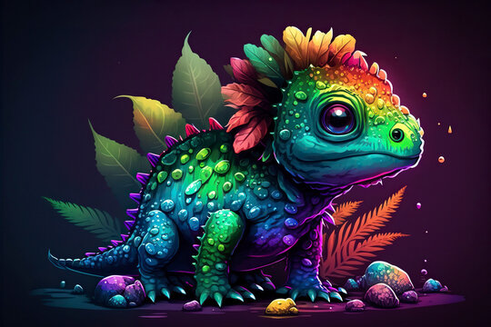 Dinozaur portrait in neon colors. Generative AI.