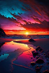 Fototapeta na wymiar sunset on a beach with rocks in the water
