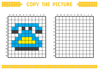 Copy the picture, complete the grid image. Educational worksheets drawing with squares, coloring areas. Preschool activities, children's games. Cartoon vector illustration, pixel art. Blue old phone.