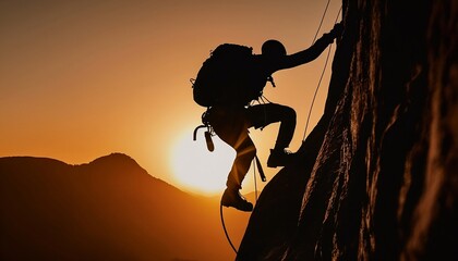 Silhouette of Adventurous Man Climbing a Mountain, Generative Ai 