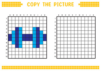 Copy the picture, complete the grid image. Educational worksheets drawing with squares, coloring areas. Preschool activities, children's games. Cartoon vector illustration, pixel art. Sports barbell.