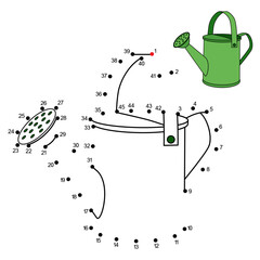 Dot to dot game with cartoon Watering Can. Connect the dots by numbers and finish picture. Education Game with answer for kids. Coloring Page with cute vector Garden inventory. Practice counting to 45