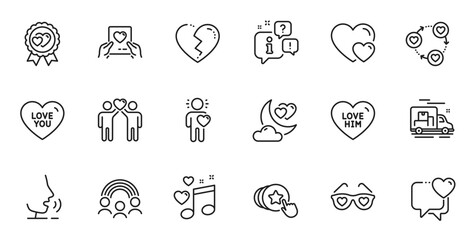 Outline set of Broken heart, Love you and Love glasses line icons for web application. Talk, information, delivery truck outline icon. Include Hold heart, Inclusion, Hearts icons. Vector