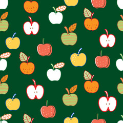 Seamless Pattern with Hand Drawn Apple Design on Dark Green Background