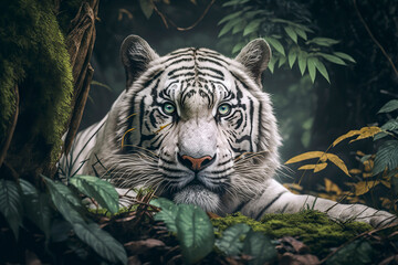 Tiger on a tree branch. Generative AI. - obrazy, fototapety, plakaty