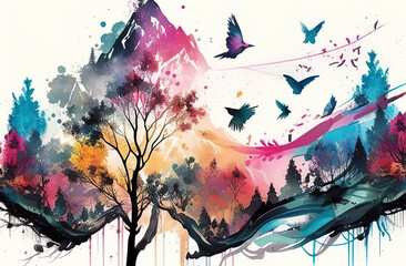 Abstract digital watercolor painting of a forest landscape with birds, butterflies and trees, in bright colors illustration background. 3d abstract wallpaper for interior mural painting wall decor. Ai