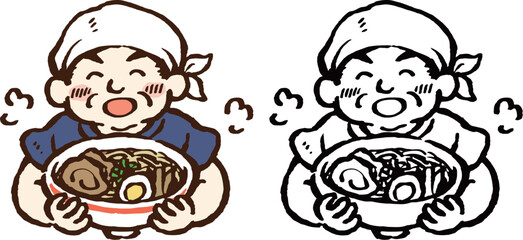 ラーメンを差し出すラーメン屋の店員　手描きイラスト　単色線画・カラーのセット