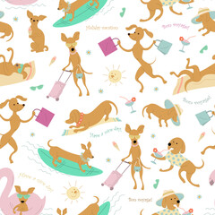 Brown terrier small dogs on vacation. Little doggy travelling and enjoying weekend at sea beach. Seamless pattern.