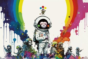  a painting of a monkey in a space suit surrounded by astronauts.  generative ai