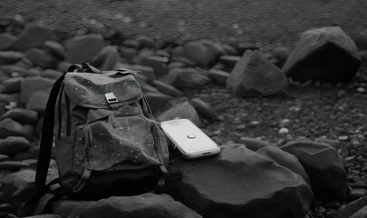 a backpack and a cell phone are sitting on a rock.  generative ai