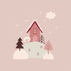 Fototapeta na wymiar Print for Christmas cards with cute hand drawn winter trees, house, and snow. Vector illustration