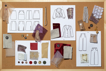 Design sketches and fabric samples for sewing clothes on a cork board.