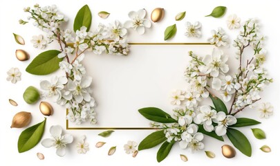  a frame with flowers and leaves on a white background with a gold border.  generative ai
