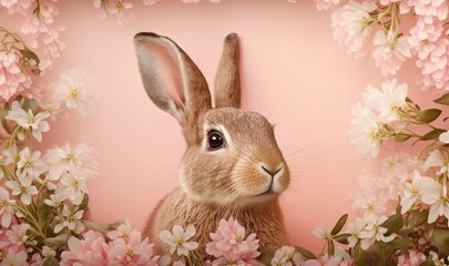 Naklejka na ściany i meble a painting of a rabbit surrounded by pink and white flowers. generative ai