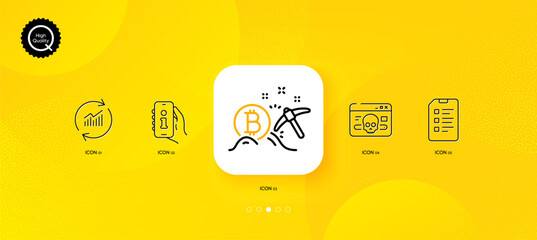 Fototapeta na wymiar Support, Cyber attack and Update data minimal line icons. Yellow abstract background. Bitcoin mining, Checklist icons. For web, application, printing. Phone info, Web ddos, Sales statistics. Vector