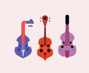Set of colored icons isolated on a white background Contrabass, Double Bass vector graphic design. Each one of the design element created on a separate layer.