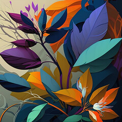 Original floral design with exotic flowers and tropic leaves. Colorful flowers on dark background.