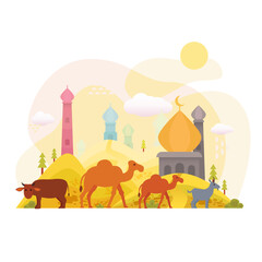Eid Al Adha Cartoon Illustration In The Desert with Mosque Background Vector Illustration