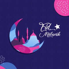 Eid Mubarak Design Banner Crescent Moon and Mosque Flat Full Color