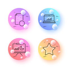 Presentation, Online statistics and Manual minimal line icons. 3d spheres or balls buttons. Star icons. For web, application, printing. Board with charts, Computer data, Read file. Best rank. Vector