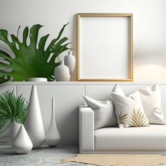 Minimalistic white interior, 3D render, palm leaves in the room, flower, pots and vases, white sofa with pillows, large  mockup picture with white background with Generative AI