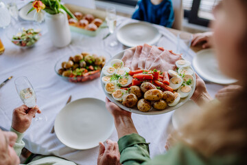 High angle view of Easter setting table with traditional meals.