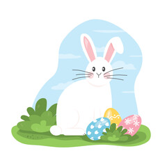 cute bunny and easter eggs in the garden -vector illustration