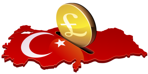 3D map of Turkey in the colors of the Turkish flag with the crescent and the star with a slotin which a gold coin with the symbol of the pound sterling is deposited (cut out)