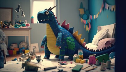 a dinosaur made out of crafting materials in a child's room