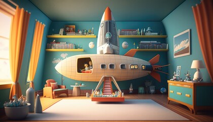 spaceship made out of craft elements in a child's room