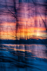Intentional camera movement photography in winter forest. Abstract color of a sunset in the forest with ICM create a blurred photo like a painting stroke. Bright sunset.