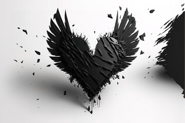 black heart with wings isolated on white. Illustration of a broken heart flying - obrazy, fototapety, plakaty