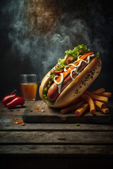 hot dog and hot drink - delicious food - Created with Generative AI technology.