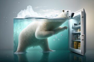 Global warming concept, polar bear swiming in a fridge. Generative AI