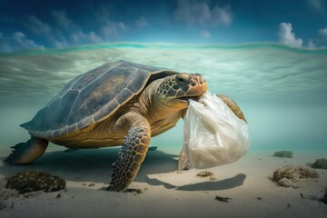 Turtle with a plastic bag in its mouth on the sand. Metaphor on the danger of plastic waste in the seas. Generative AI