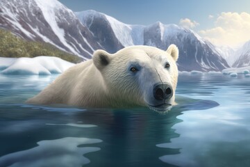 Polar bear swimming in icy waters in Antarctica. Generative AI