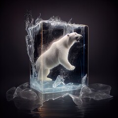 Global warming concept,melting ice, polar bear in ice. Generative AI