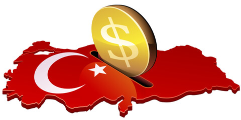 3D map of Turkey in the colors of the Turkish flag with the crescent and the star with a slotin...