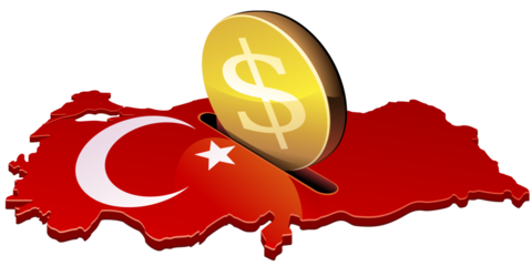 3D map of Turkey in the colors of the Turkish flag with the crescent and the star with a slotin which a gold coin with the dollar symbol is deposited (cut out)