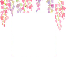 pink and purple wisteria frame,  branches and flowers, watercolor illustration.