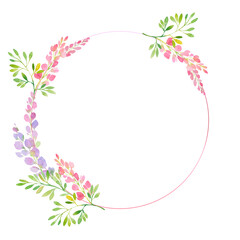 pink and purple wisteria frame,  branches and flowers, watercolor illustration.