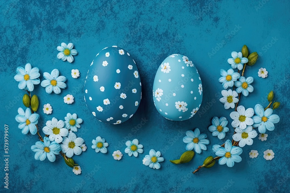 Wall mural two blue eggs with white flowers on a blue background with green leaves. generative ai