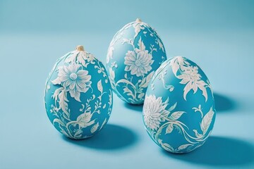  three blue decorated eggs with white flowers on them on a blue background.  generative ai