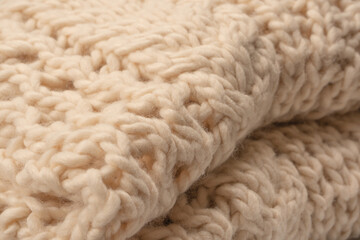 A fragment of beige knitted fabric, knitted from white sheep wool.