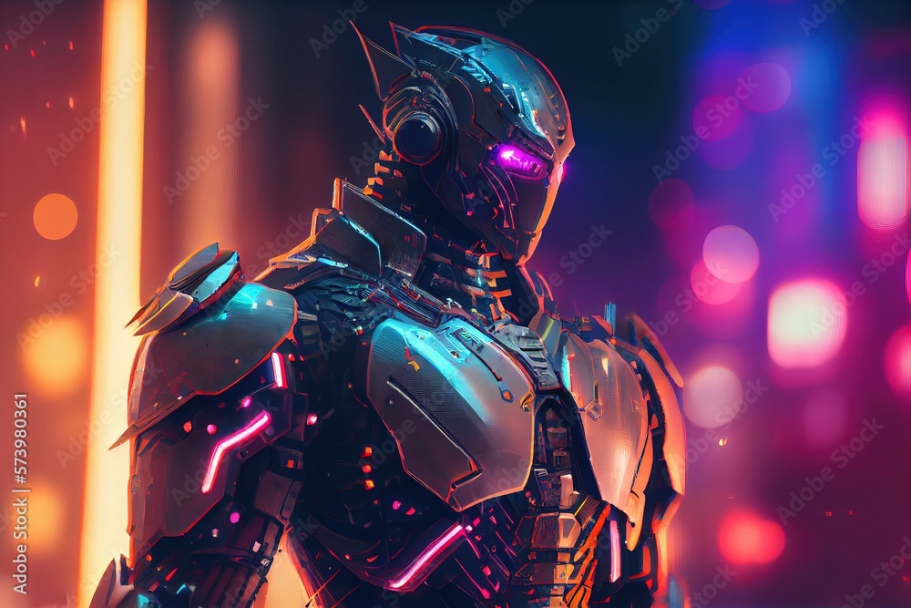 Poster a robot with glowing eyes and a suit on standing in front of a neon background cybernetic cyberpunk 