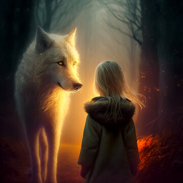 Little girl lost in the woods, meeting a great white dire wolf. Fairytale and adventure theme. Generative AI illustration.