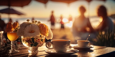Obraz premium romantic sunset beach caffee ,cup of coffee ,sweet cake and flowers on table ,romantic couple relaxing generated ai