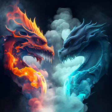 Blue dragon vs red dragon, fire dragon, ice dragon, water dragon, smoke, colliding dragons