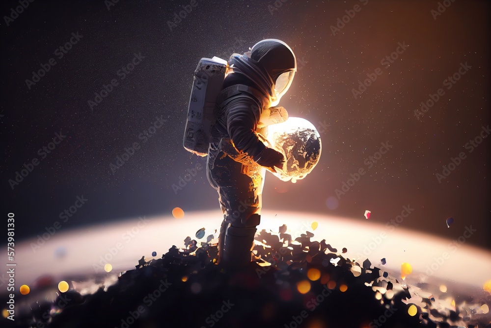 Fototapete A man in a space suit holding a space ball in his hand and standing on a pile of rocks redshift render an ambient occlusion render space art